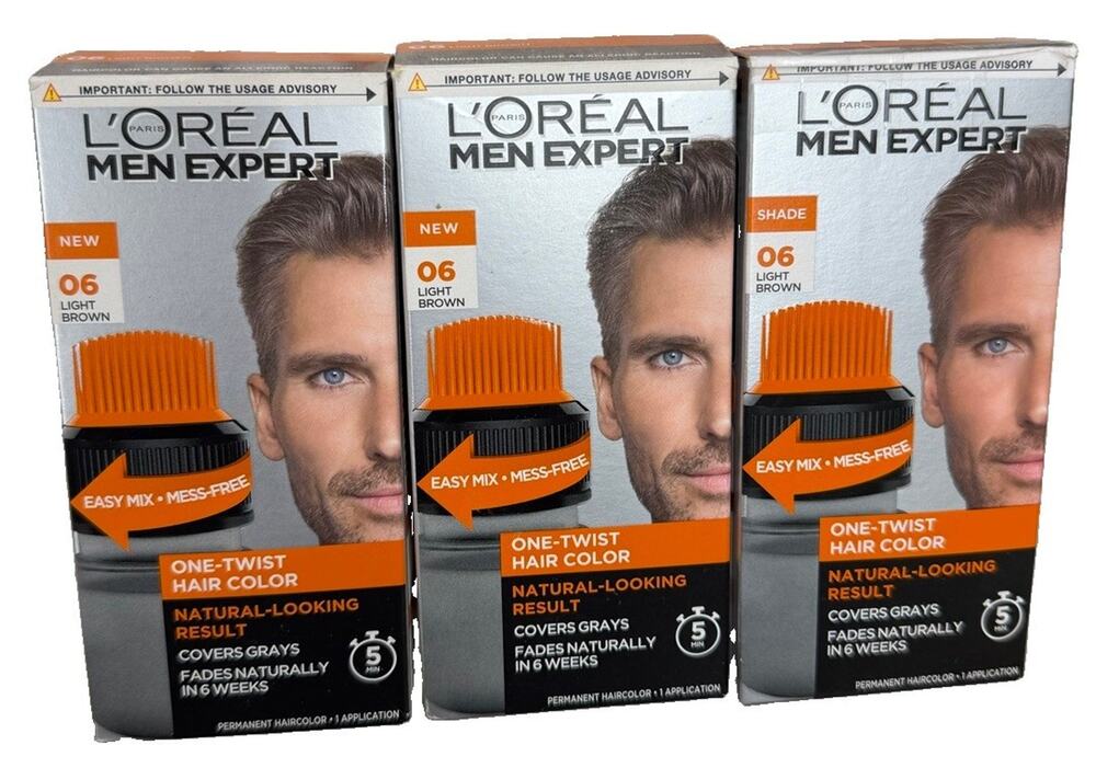 3X LOREAL PARIS Men Expert One-Twist Hair Colour Dye LIGHT BROWN 06 DISCONTINUED